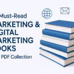 Stack of 20 essential digital marketing and branding books in PDF format, available for free download on Zyrex.in.