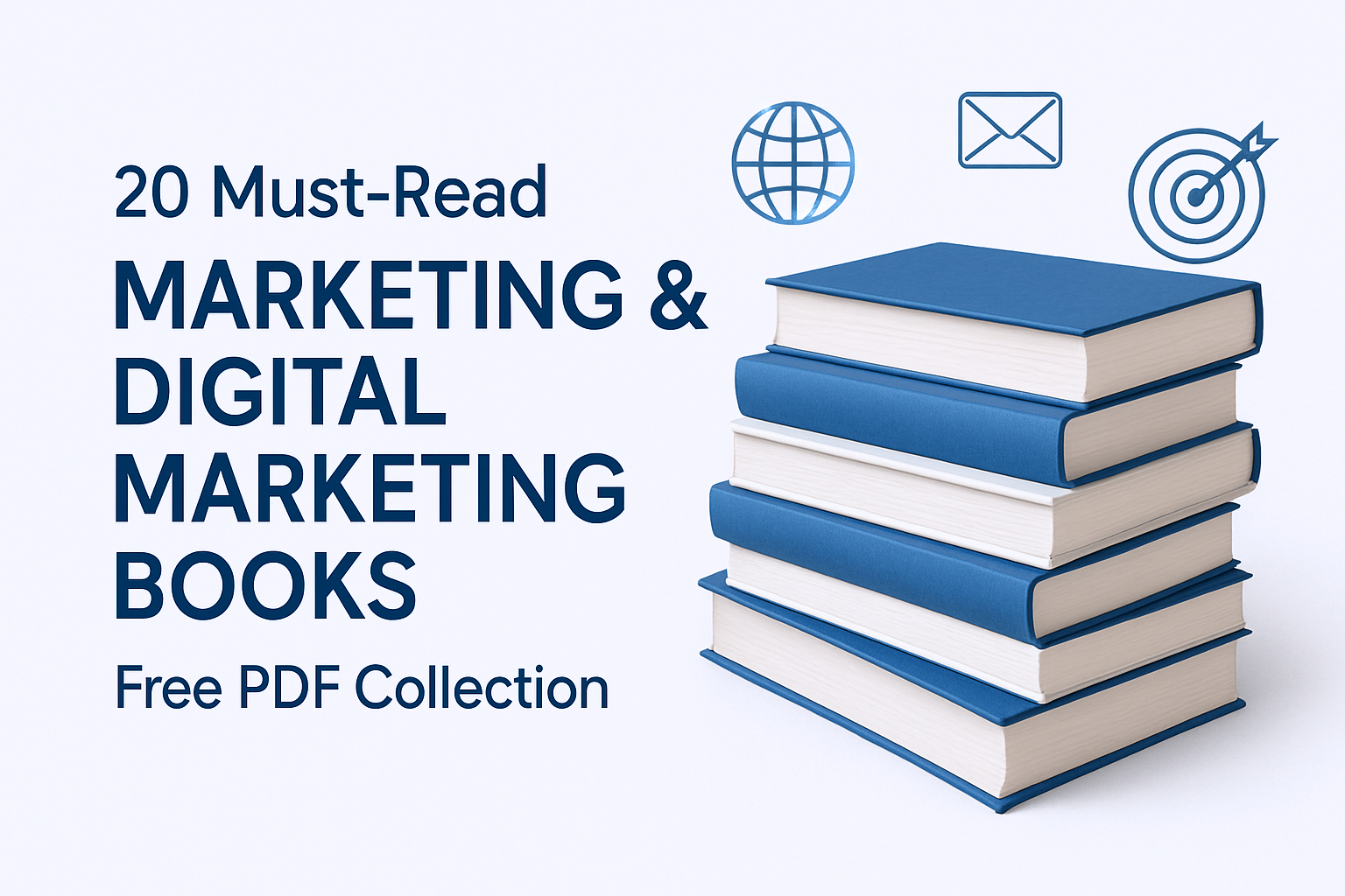 Stack of 20 essential digital marketing and branding books in PDF format, available for free download on Zyrex.in.