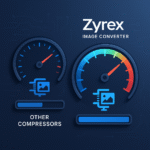 Comparative speed test of Zyrex image converter versus other online compressors on a digital stopwatch and progress bar interface.