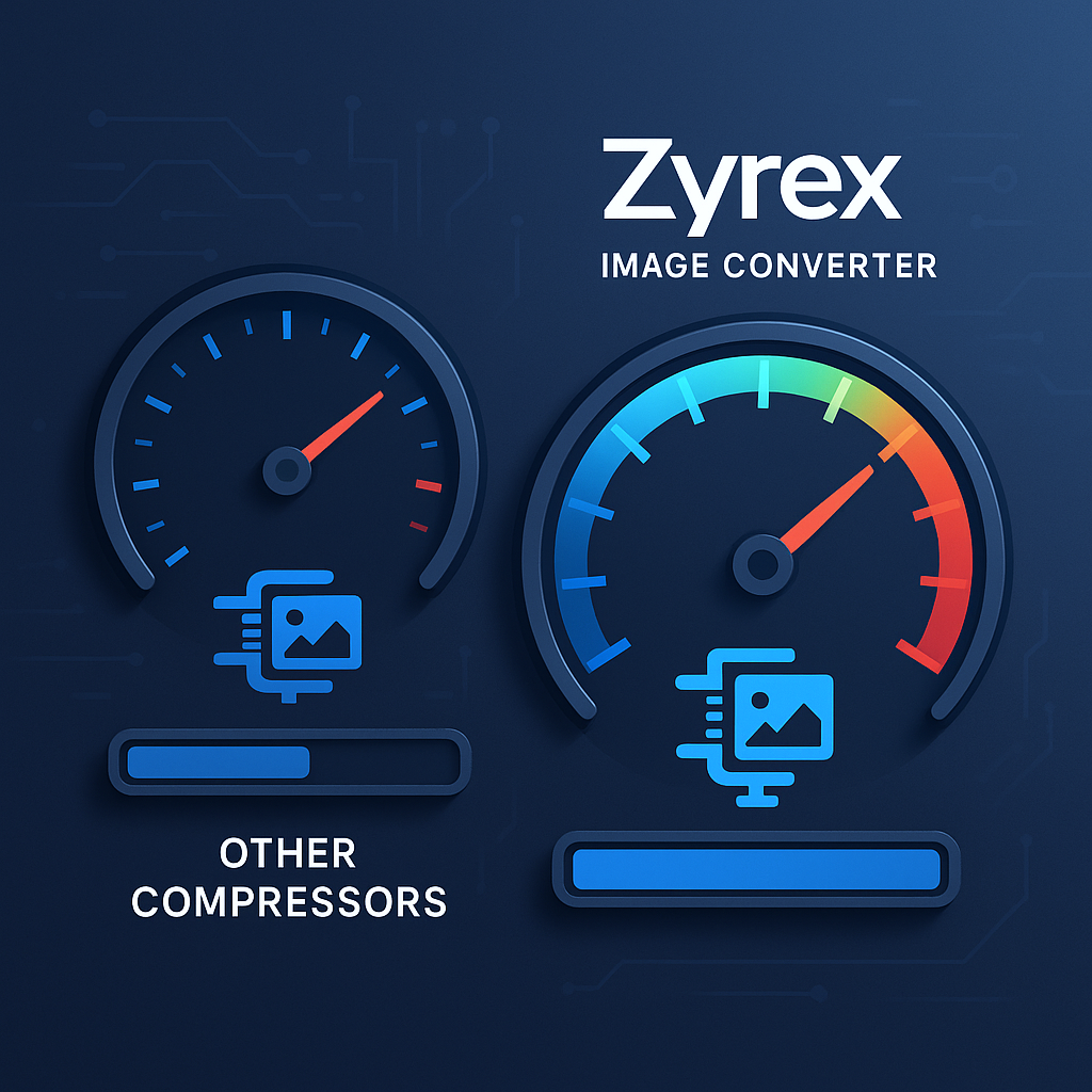 Comparative speed test of Zyrex image converter versus other online compressors on a digital stopwatch and progress bar interface.