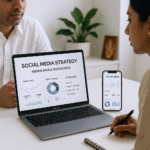 Indian small business owner scheduling social media posts using a digital content calendar and analytics dashboard.