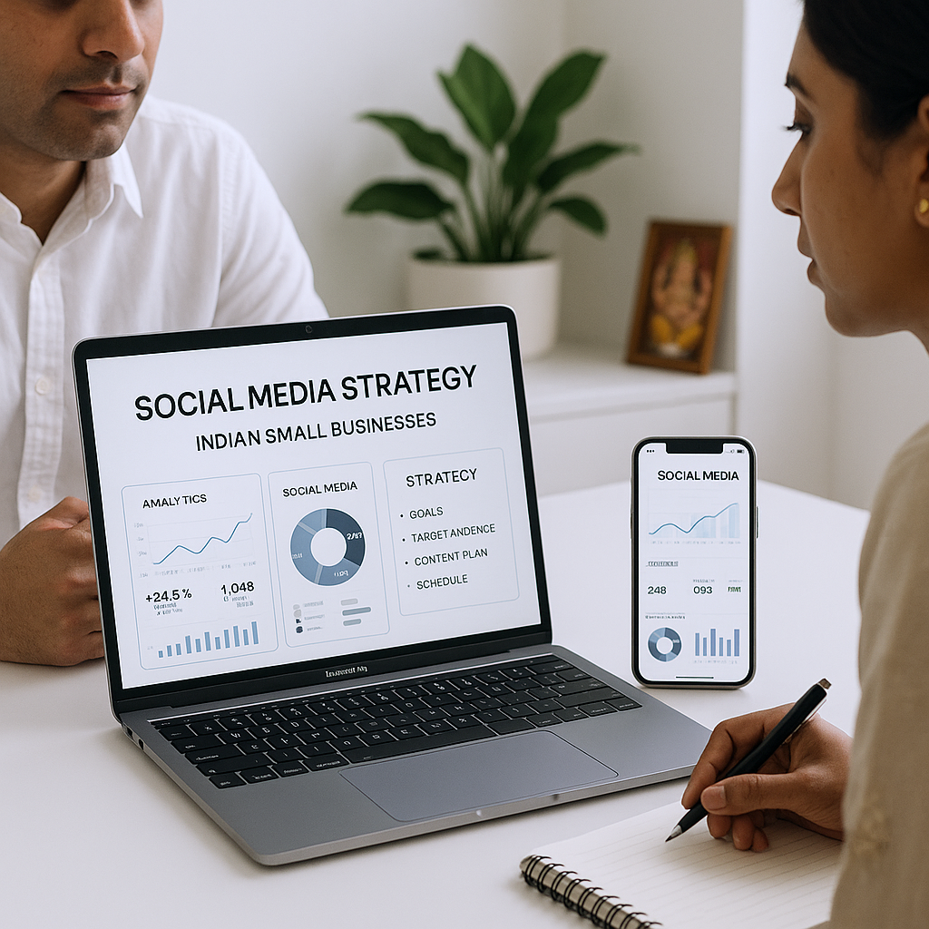 Indian small business owner scheduling social media posts using a digital content calendar and analytics dashboard.