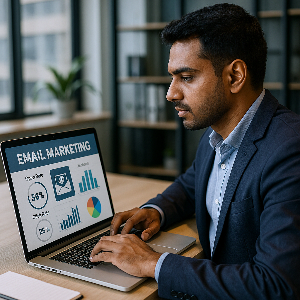 Indian entrepreneur creating an email marketing campaign on a laptop with open rates, click stats, and audience segmentation dashboard.