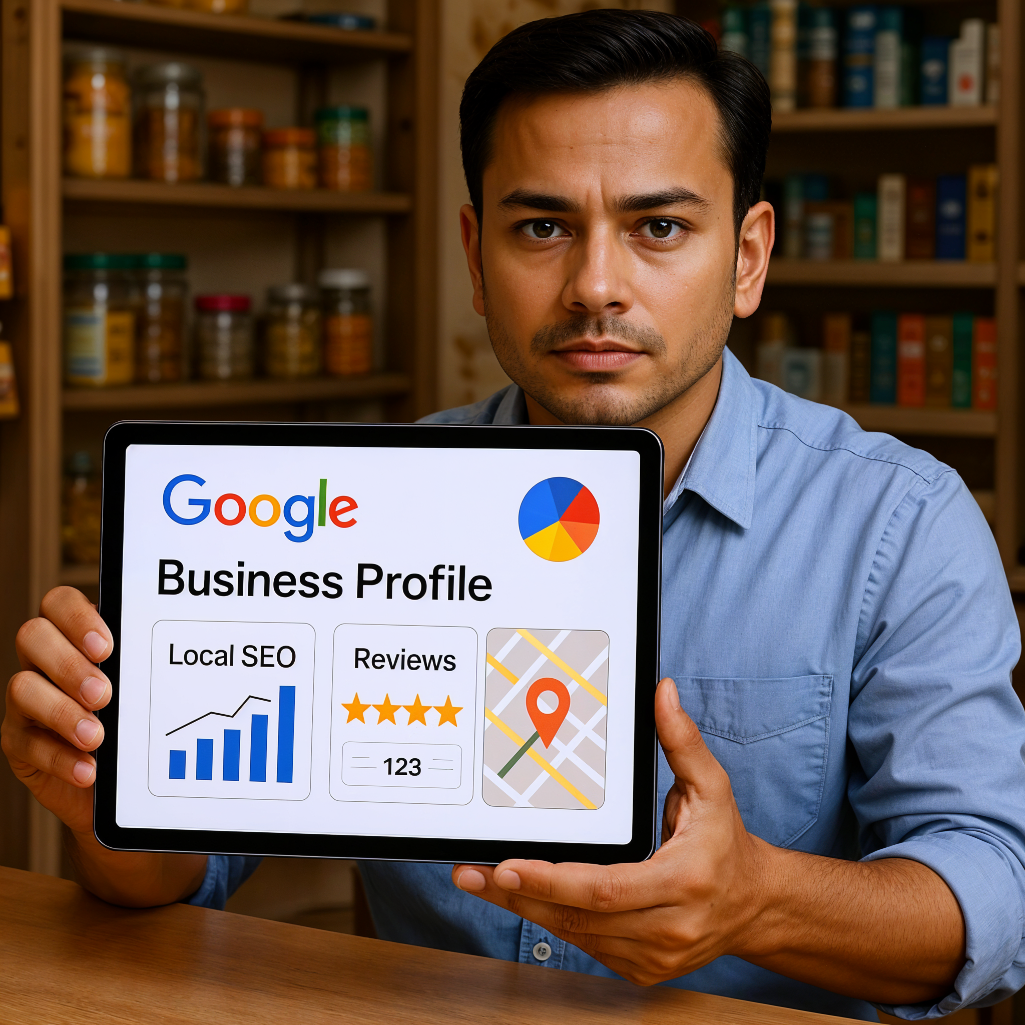 Indian shop owner optimizing Google Business Profile with local SEO tools and customer review insights on screen.