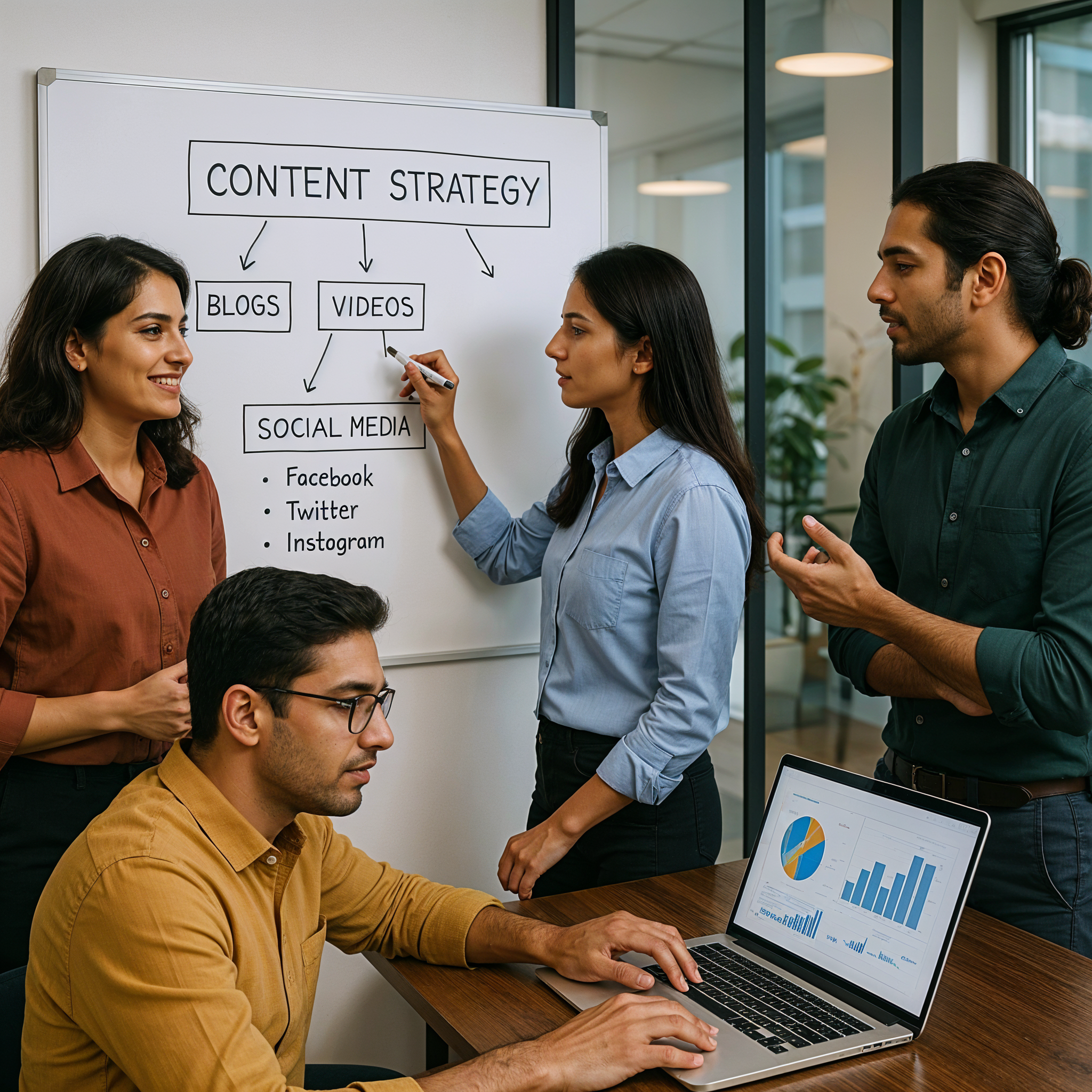 Indian startup team creating content strategy using digital tools — planning blogs, videos, and social media campaigns on a whiteboard and laptop.