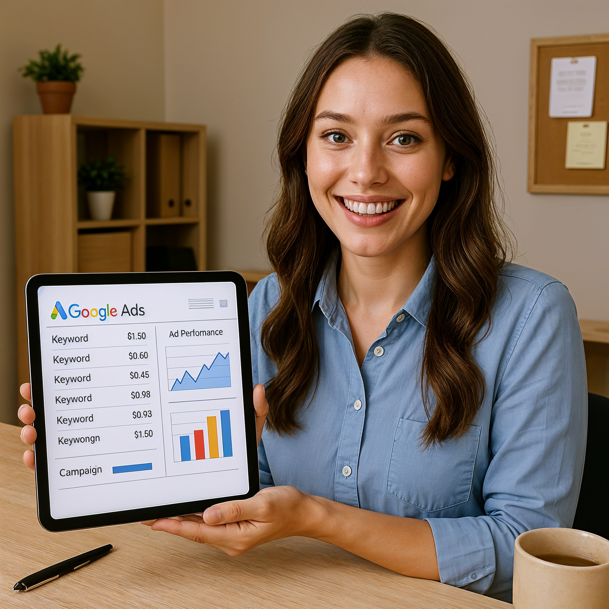 Indian small business owner optimizing a low-budget Google Ads campaign with keywords, CPC data, and ad performance charts on screen.