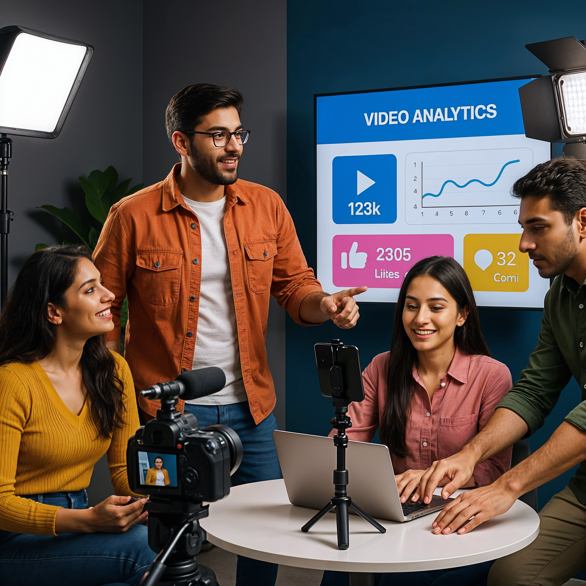 Indian marketing team creating short-form video content with lighting, camera setup, and analytics dashboard on screen — 2025 trends.